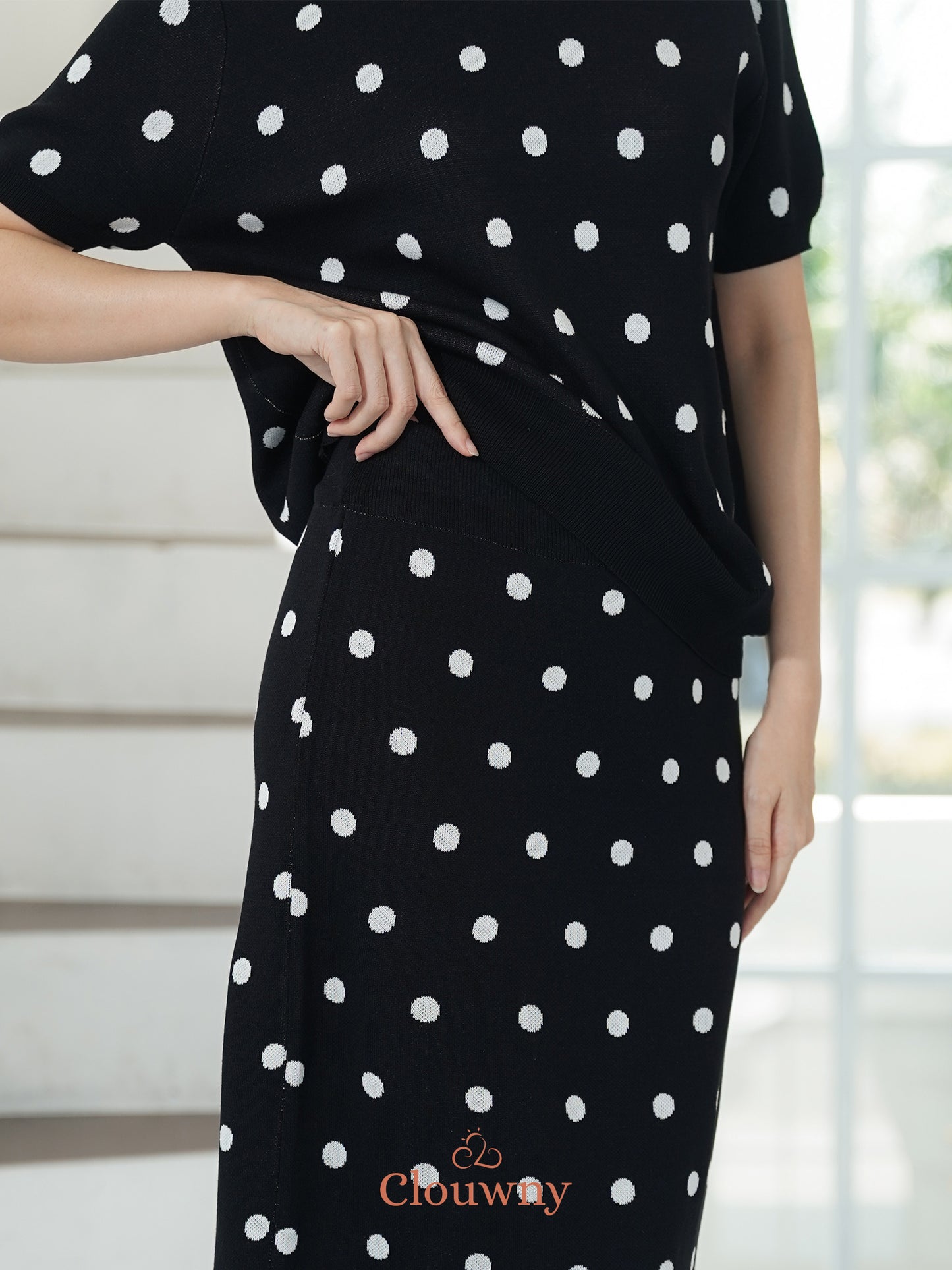Moir Dot Knit Set - Black