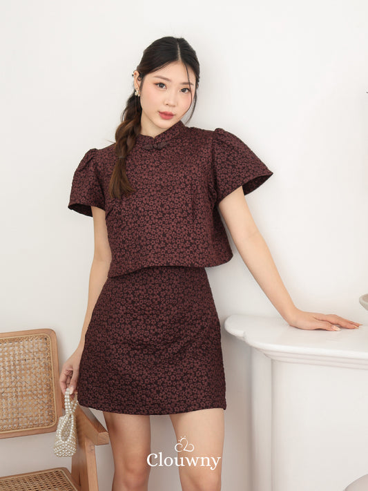 Keyta Ruffle Qipao Set - Wine