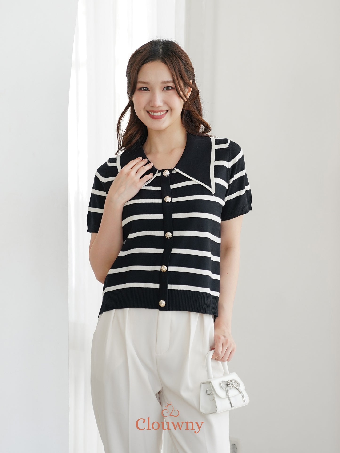 Prisca Collar Knit Top - Black-White Stripes