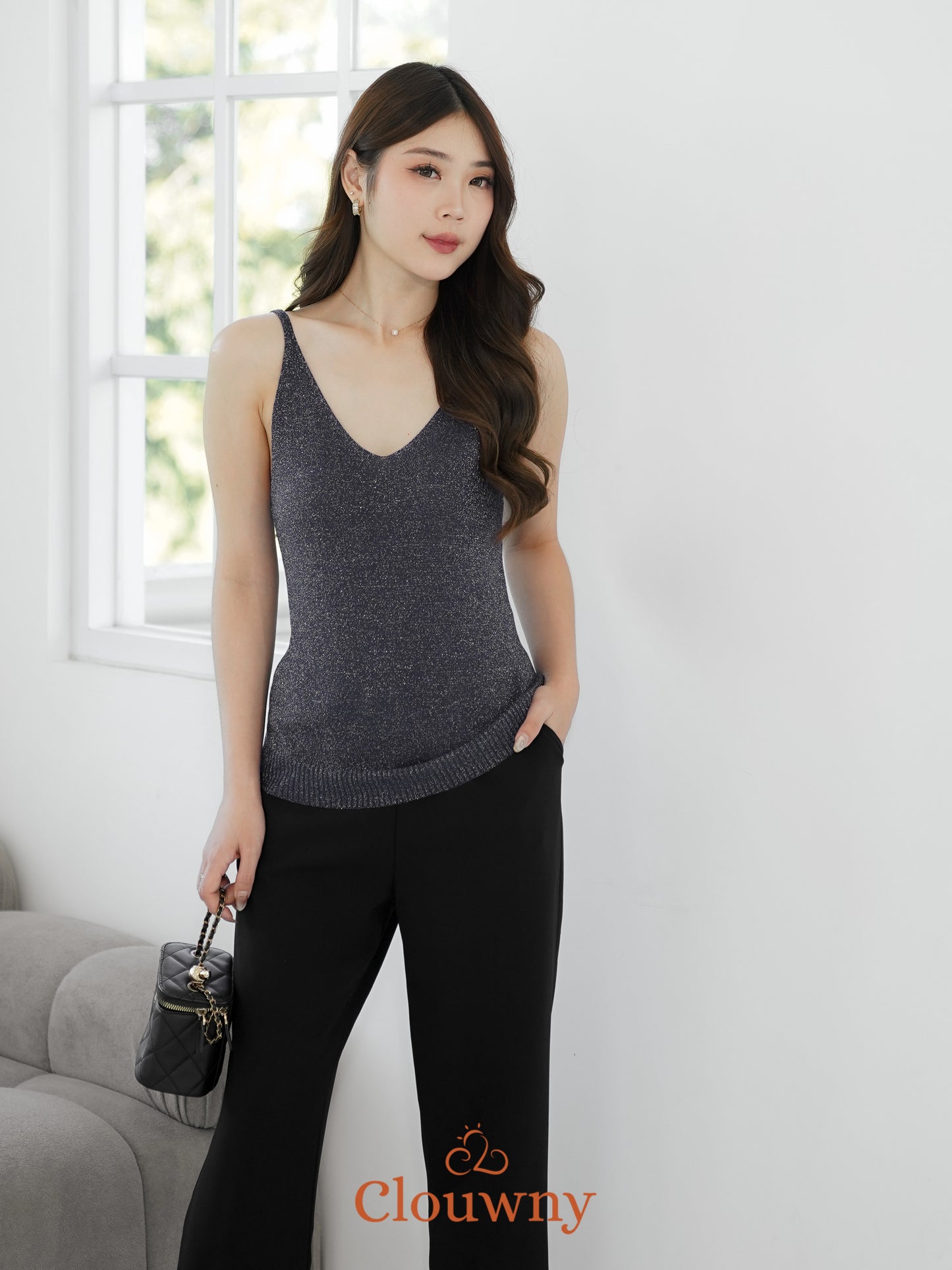 Dela Spaghetti Glitter Tanktop - Navy