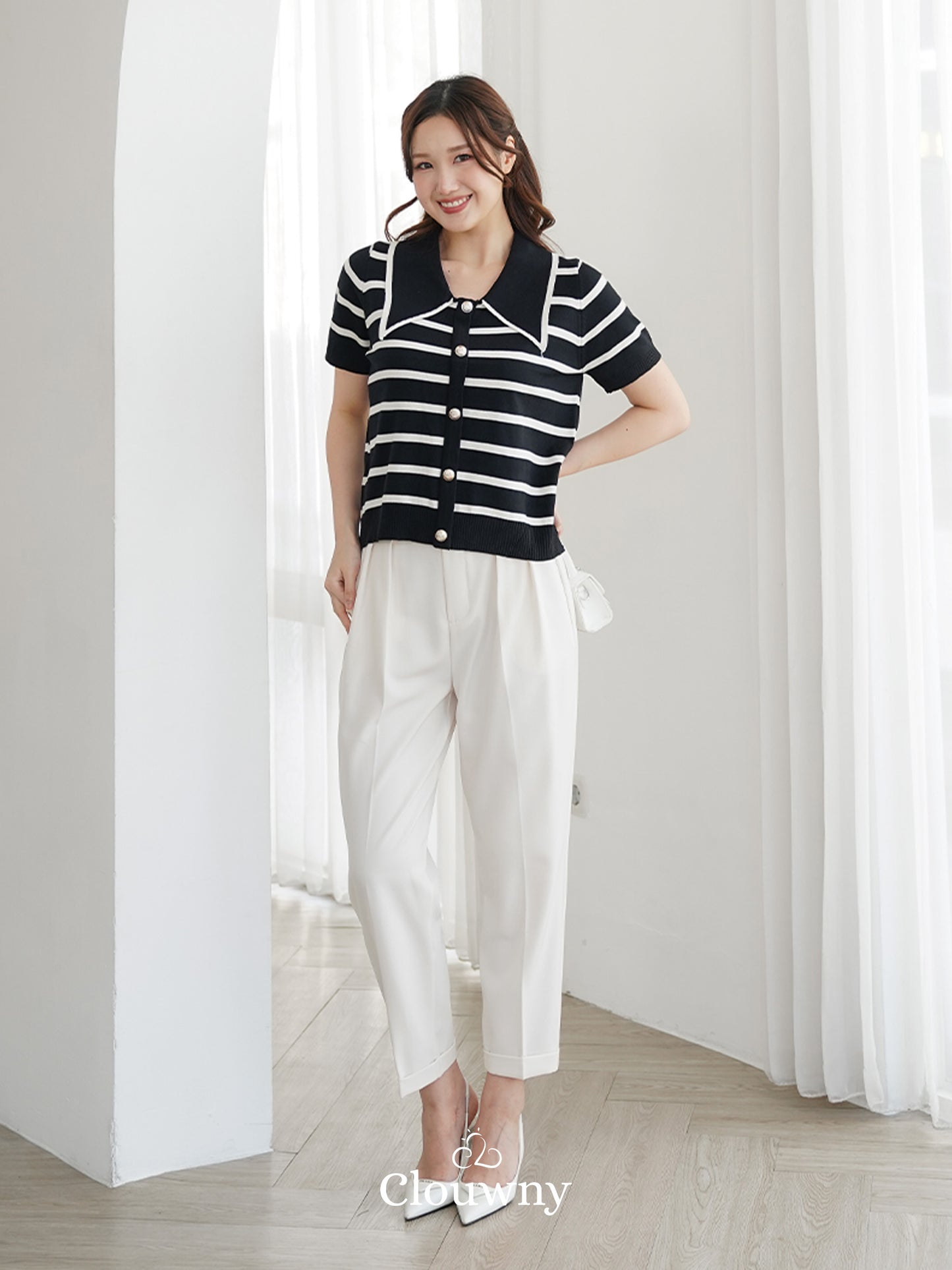 Prisca Collar Knit Top - Black-White Stripes