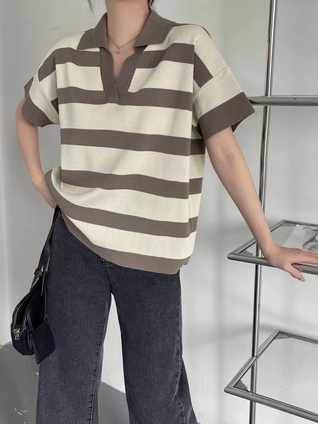 Minji Knit Stripes Top - Beige