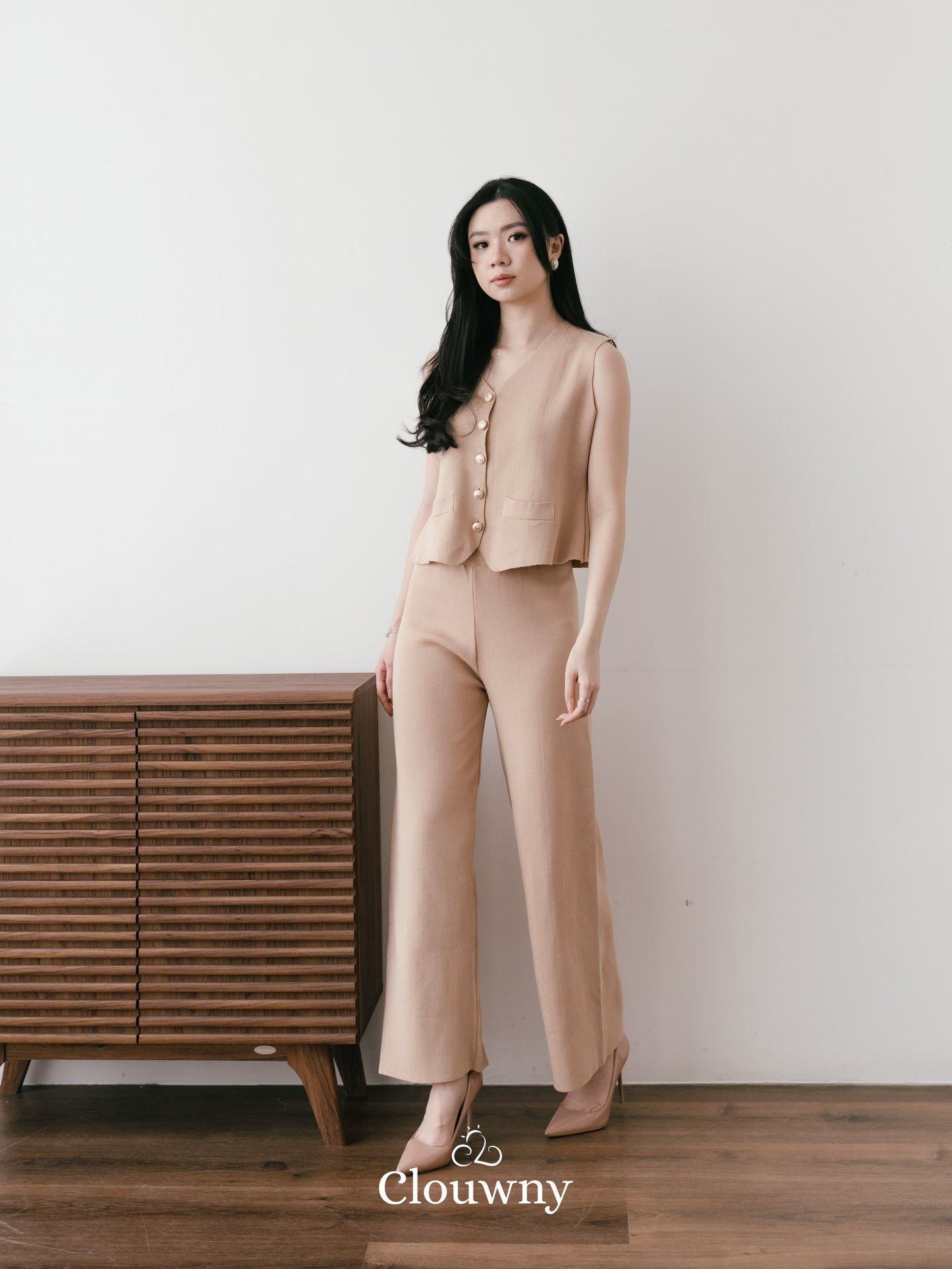 Amy Button Vest Set - Khaki