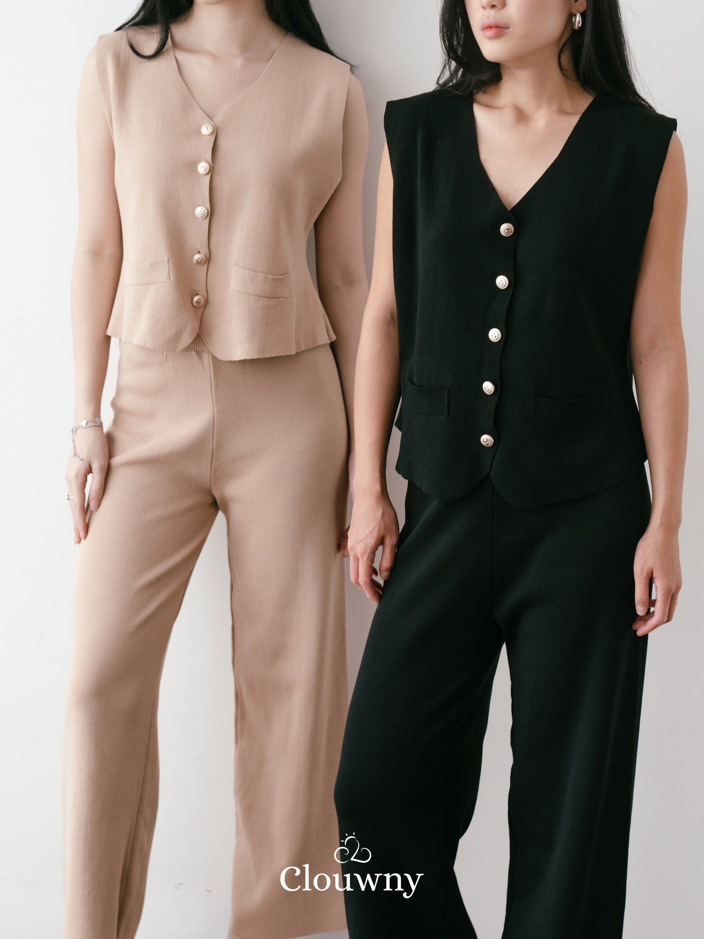 Amy Button Vest Set - Khaki