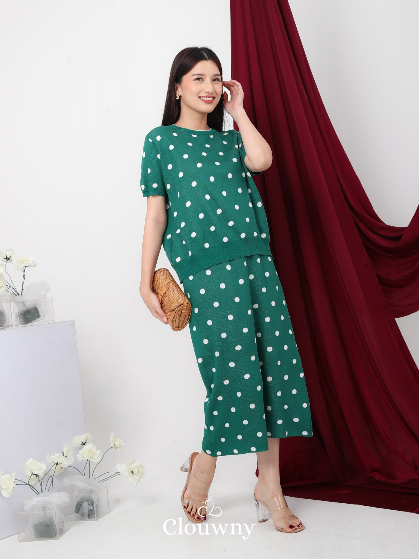 Moir Dot Knit Set - Green