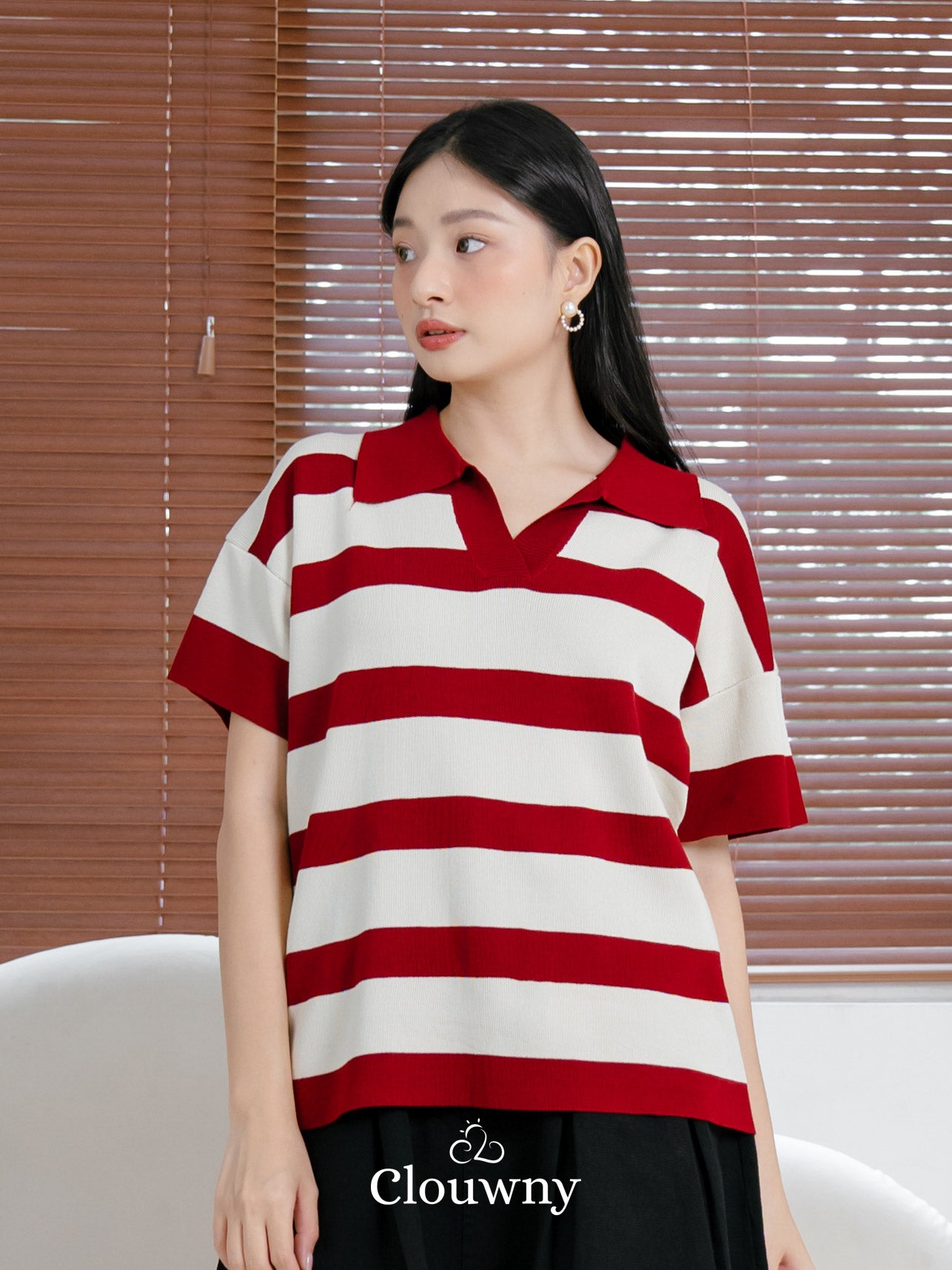Minji Knit Stripes Top - Maroon