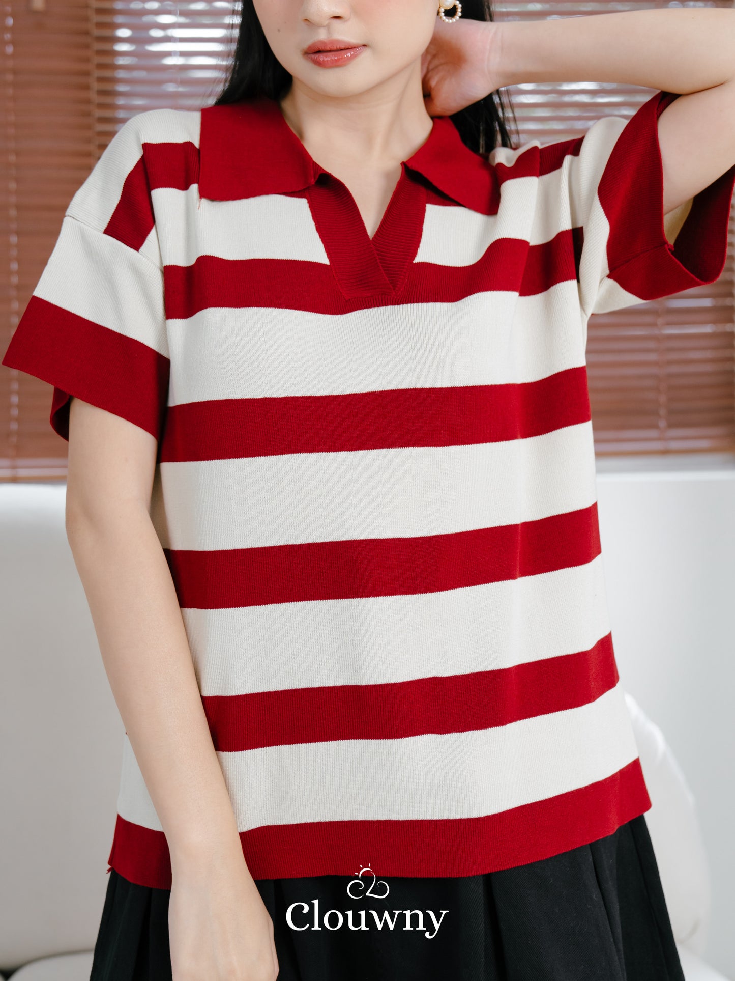Minji Knit Stripes Top - Maroon