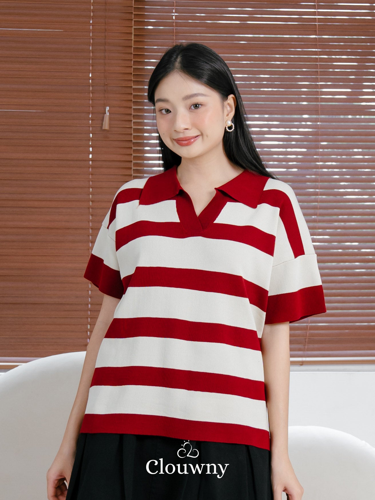 Minji Knit Stripes Top - Maroon