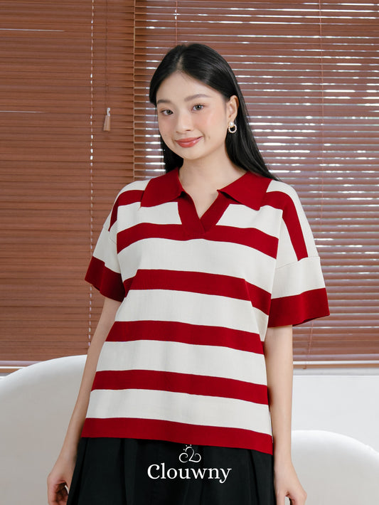 Minji Knit Stripes Top - Maroon