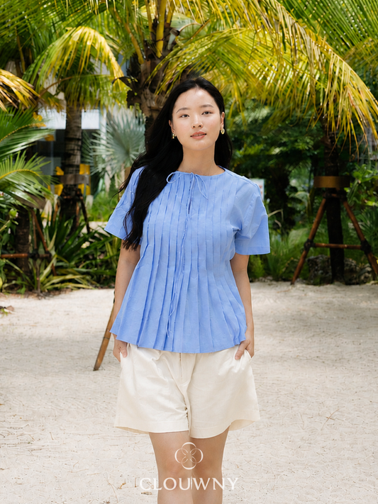 Mandes Ribbon Pleated Blouse - Blue