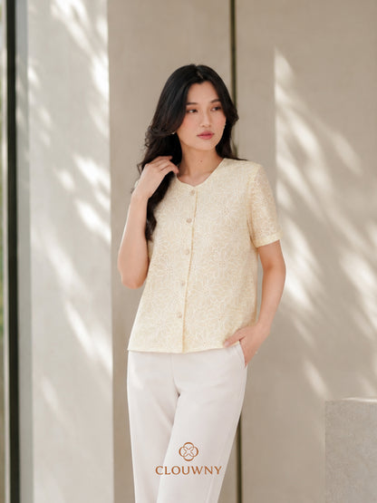 Forest Button Embroidery Blouse - Yellow