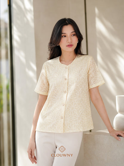 Forest Button Embroidery Blouse - Yellow