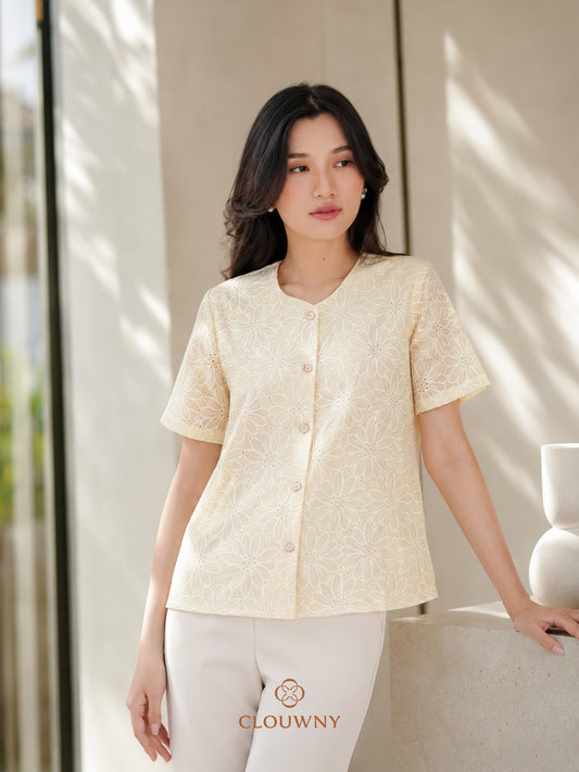 Forest Button Embroidery Blouse - Yellow