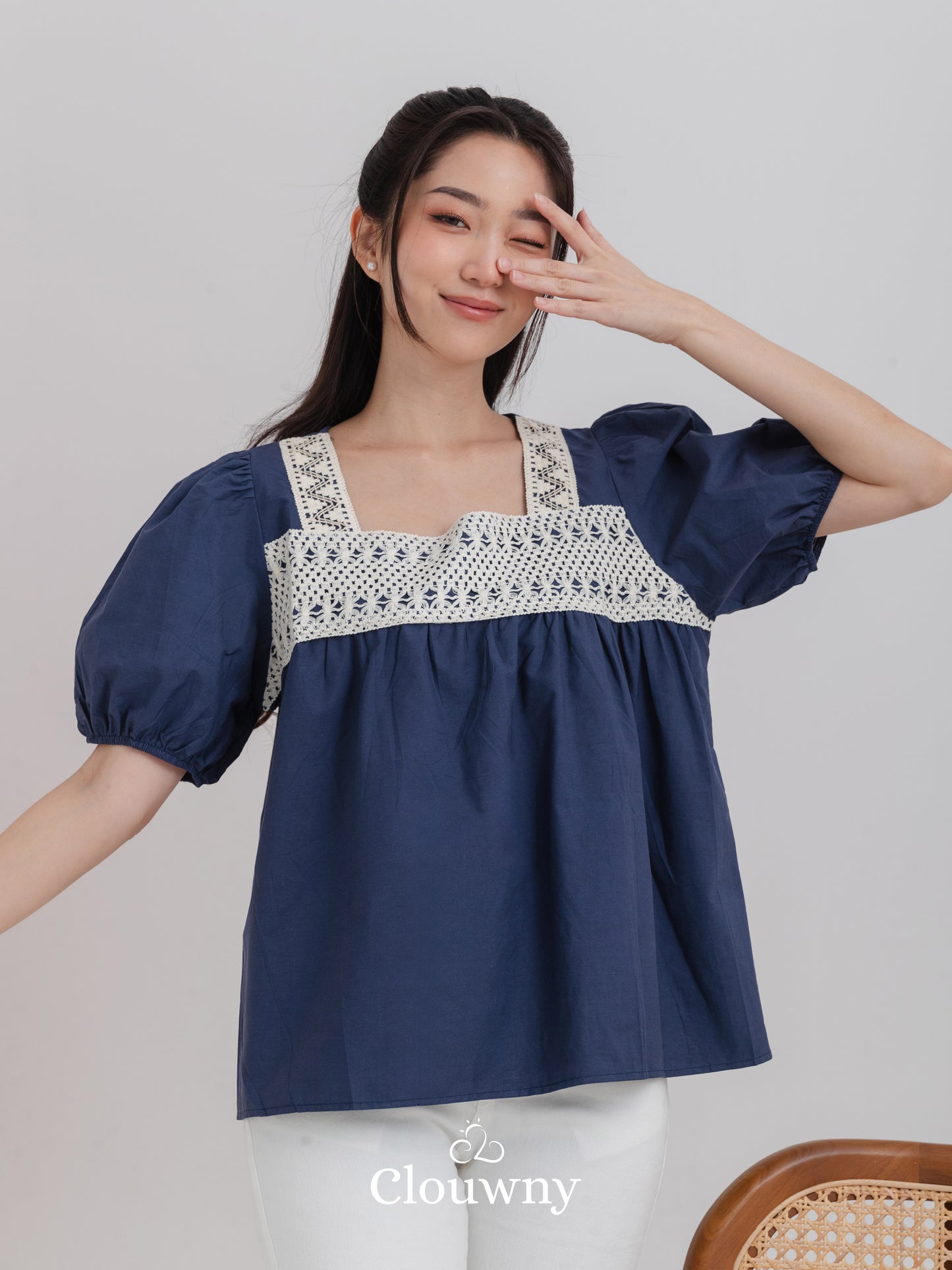 Chizu Square Blouse - Navy