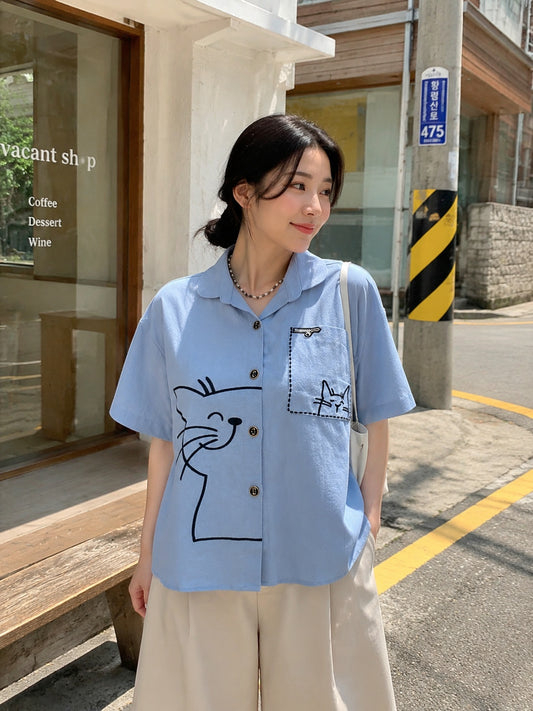 Catty Button Cotton Shirt - Blue