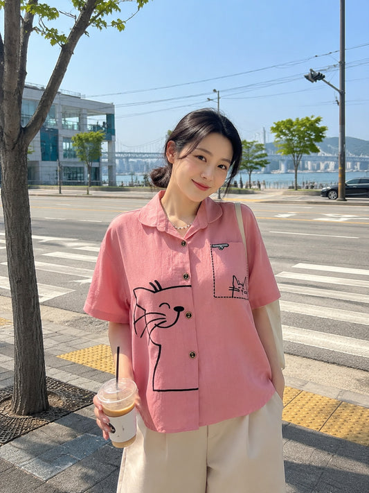 Catty Button Cotton Shirt - Pink
