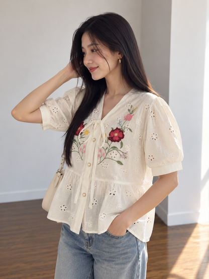 Vivin Embroidery Cotton Blouse - Cream