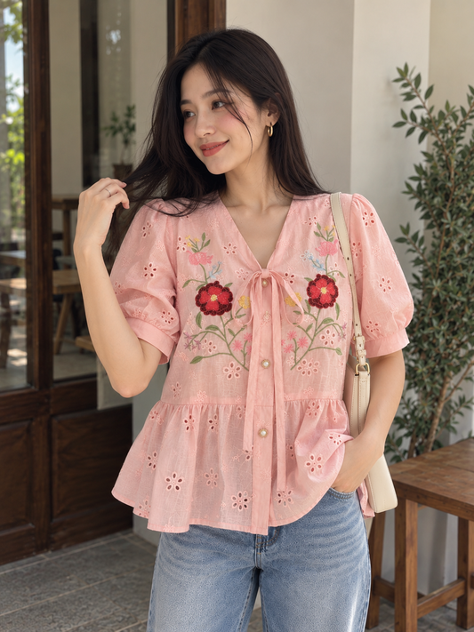 Vivin Embroidery Cotton Blouse - Pink