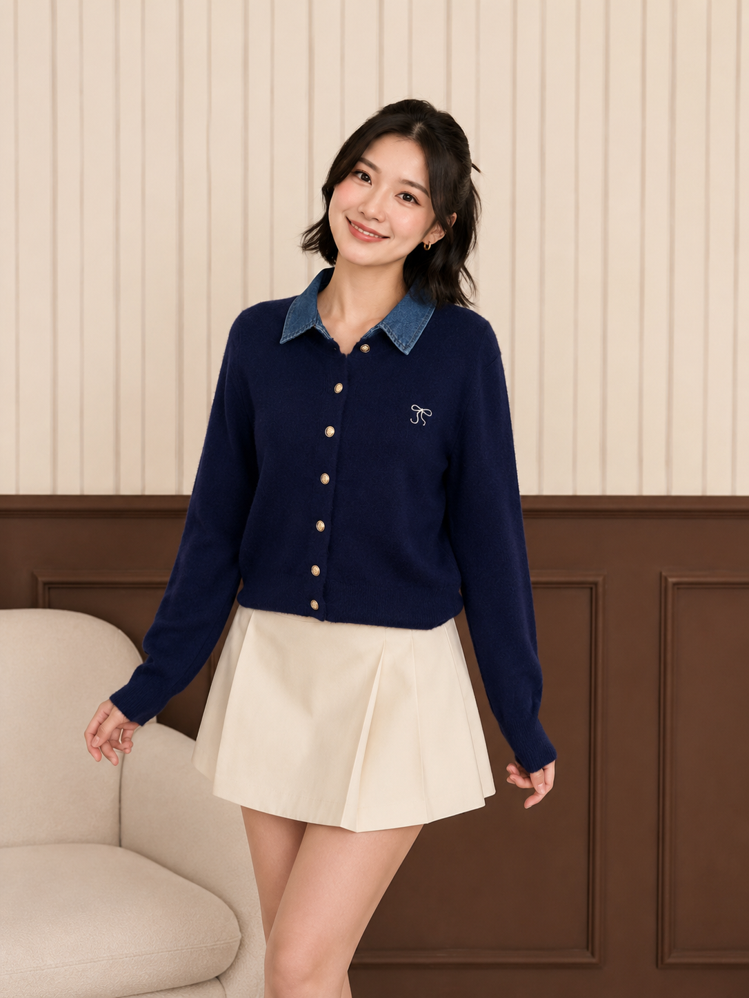 Erna Combi Knit Cardigan - Navy