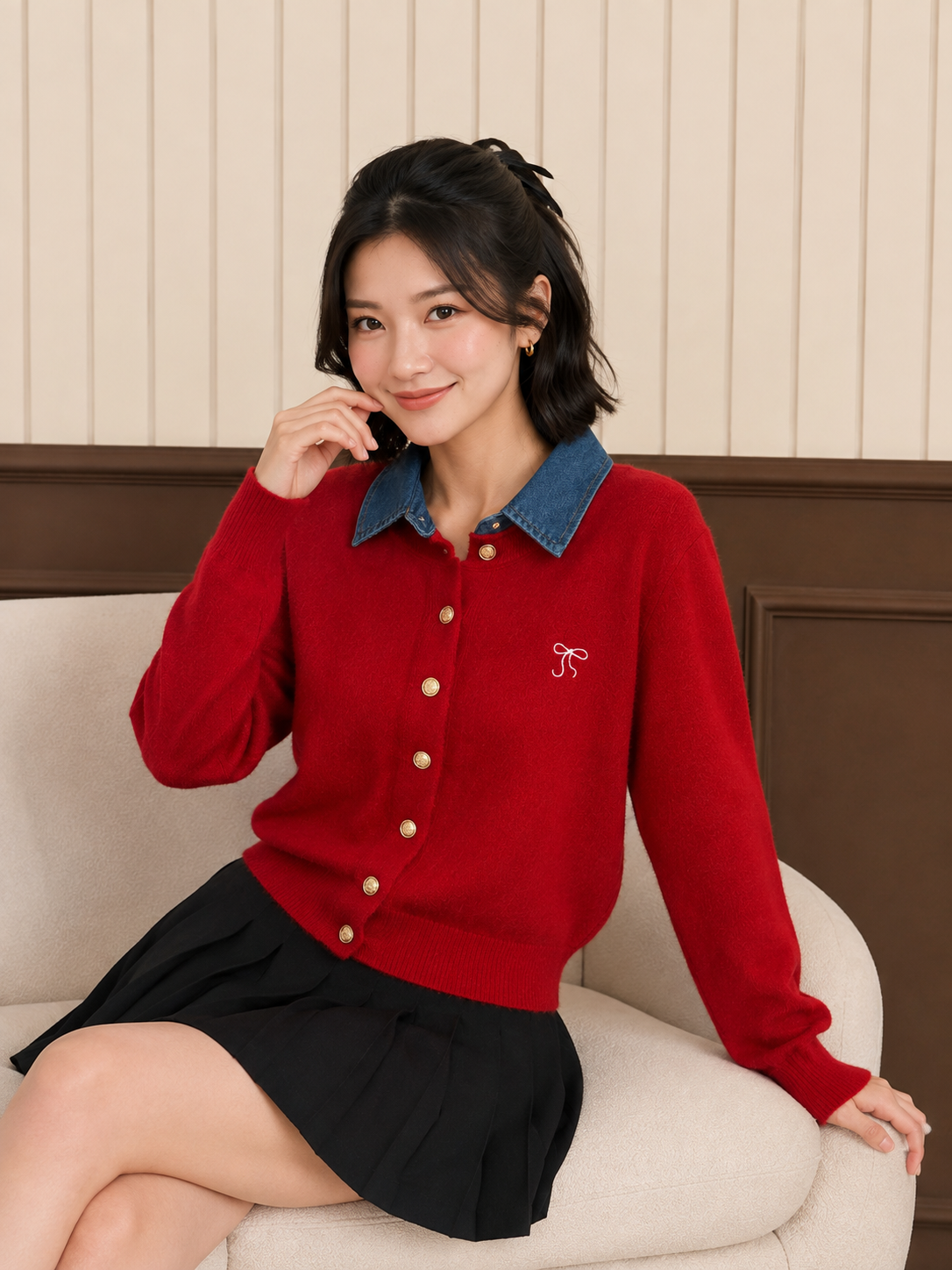 Erna Combi Knit Cardigan - Maroon