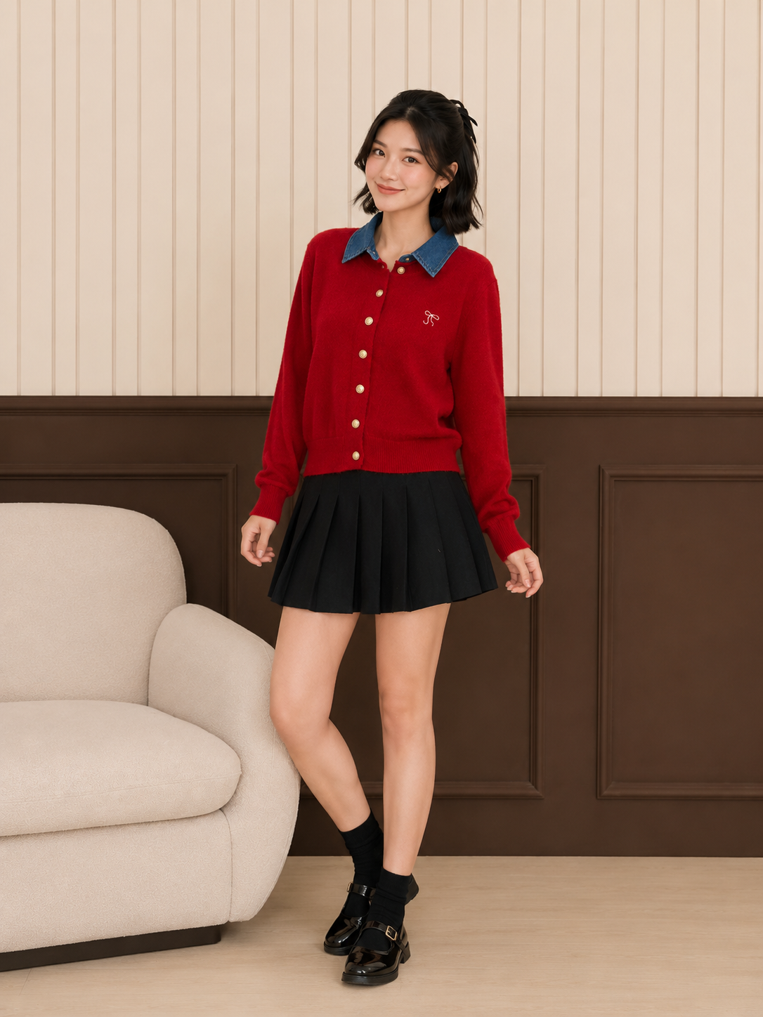 Erna Combi Knit Cardigan - Maroon