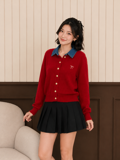 Erna Combi Knit Cardigan - Maroon