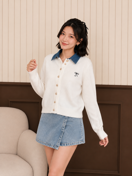 Erna Combi Knit Cardigan - Broken White