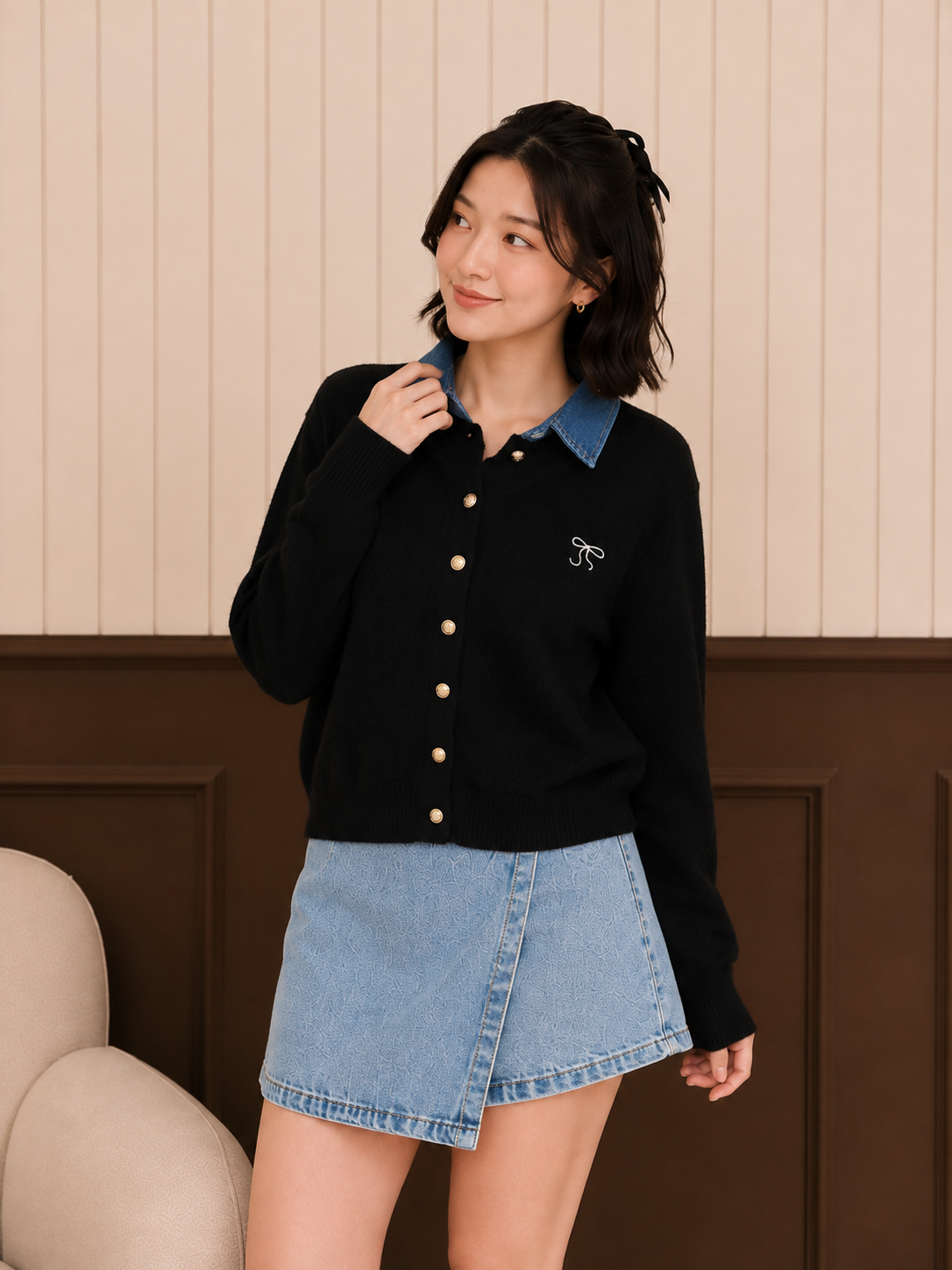 Erna Combi Knit Cardigan - Black