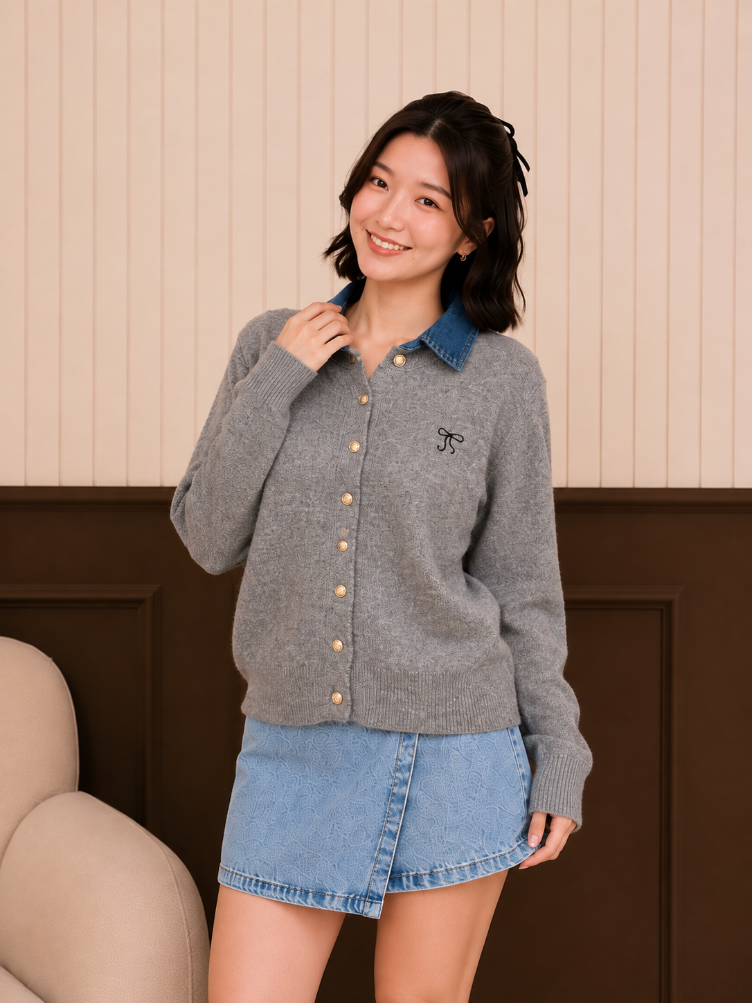 Erna Combi Knit Cardigan - Grey