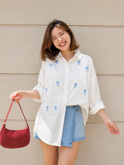 Posya Flower Cotton Longsleeve - White