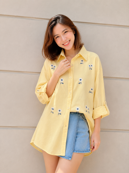 Posya Flower Cotton Longsleeve - Yellow