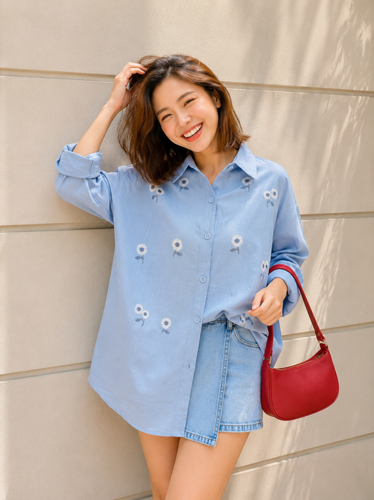 Posya Flower Cotton Longsleeve - Blue