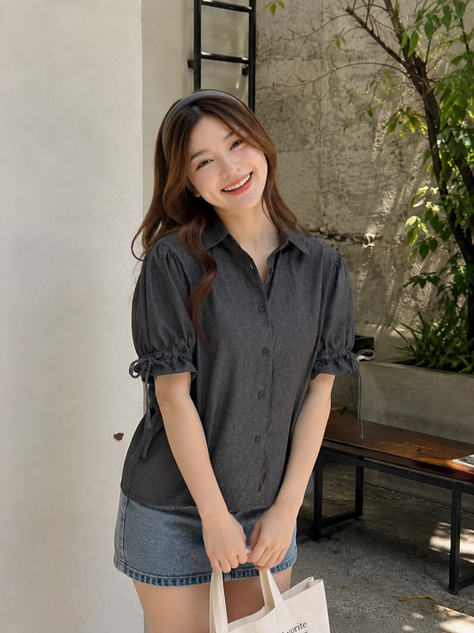 Osami Shirt Button Top - Black