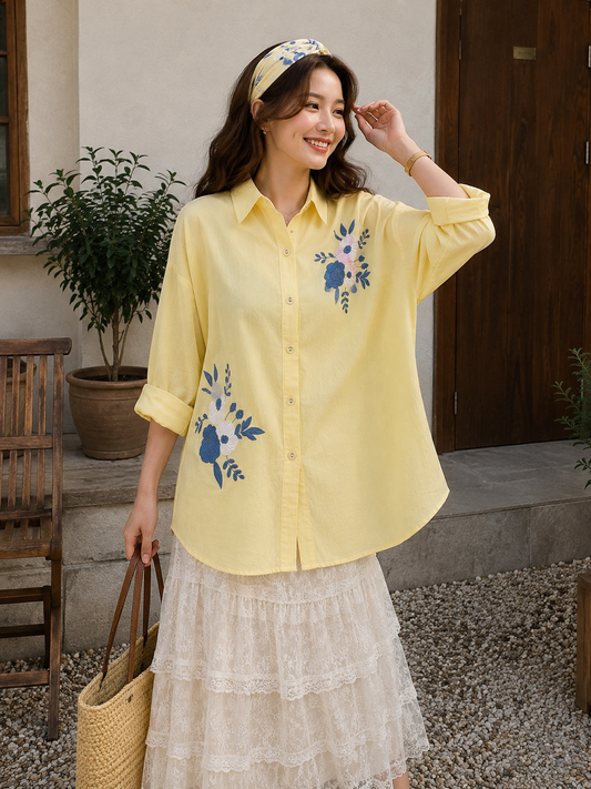 Derka Flower Cotton Longsleeve - Yellow