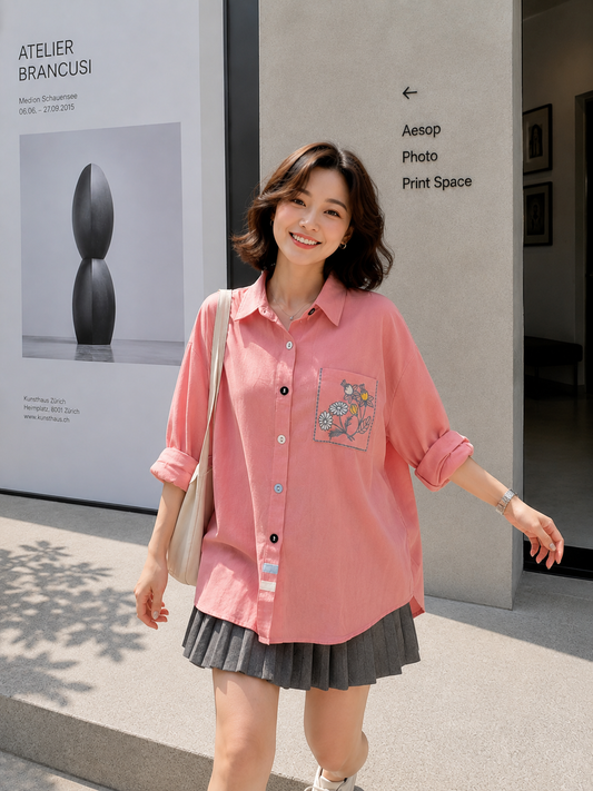Triya Pocket Cotton Longsleeve - Pink