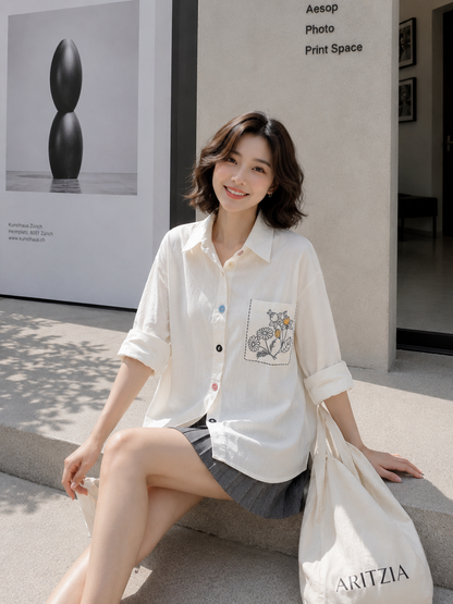 Triya Pocket Cotton Longsleeve - White