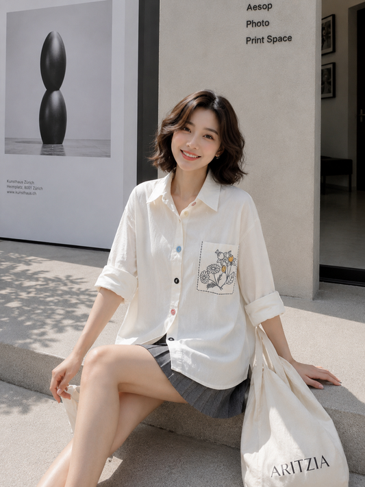 Triya Pocket Cotton Longsleeve - White