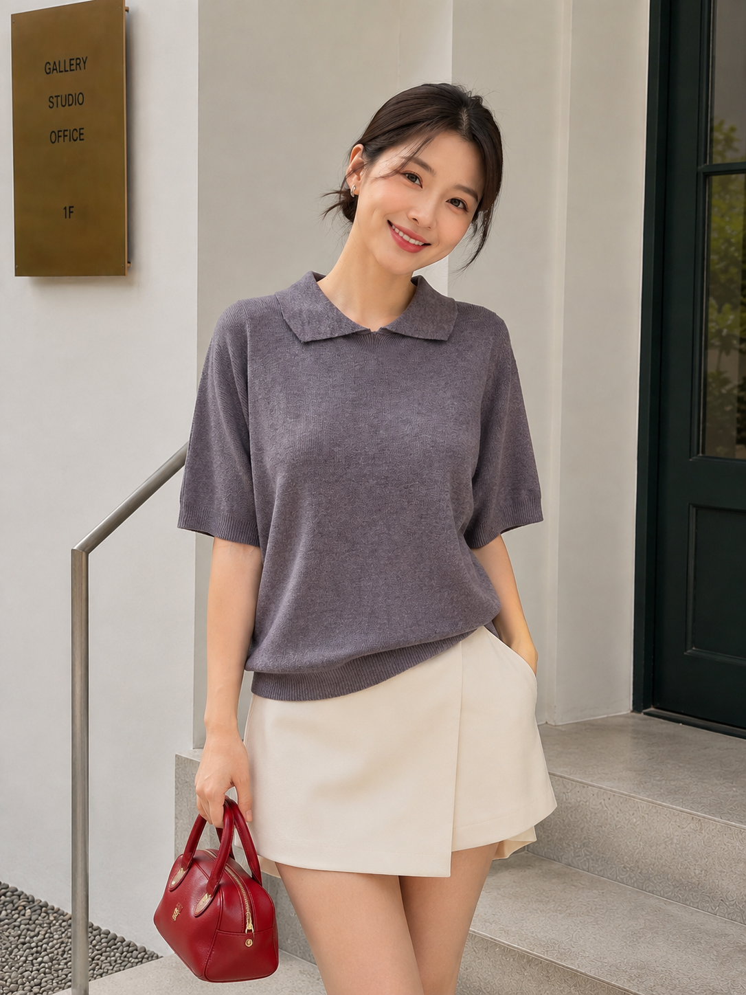 Lotie Collar Knit Top - Grey