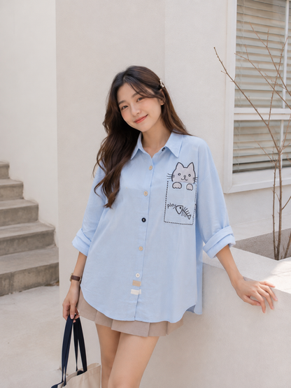 Cat Pocket Cotton Longsleeve - Blue