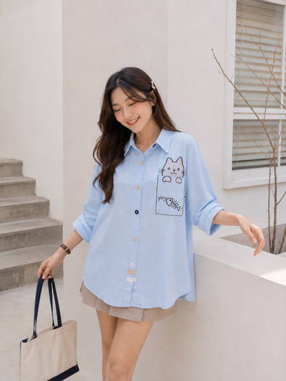 Cat Pocket Cotton Longsleeve - Blue