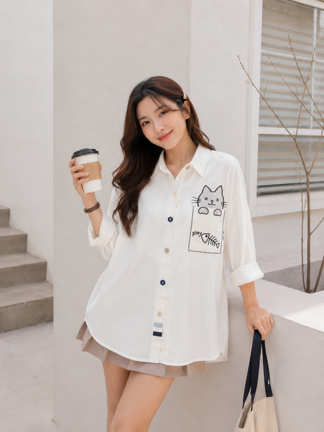 Cat Pocket Cotton Longsleeve - White