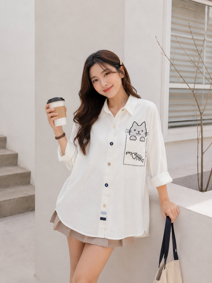 Cat Pocket Cotton Longsleeve - White