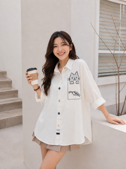 Cat Pocket Cotton Longsleeve - White