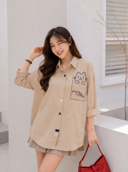 Cat Pocket Cotton Longsleeve - Oat