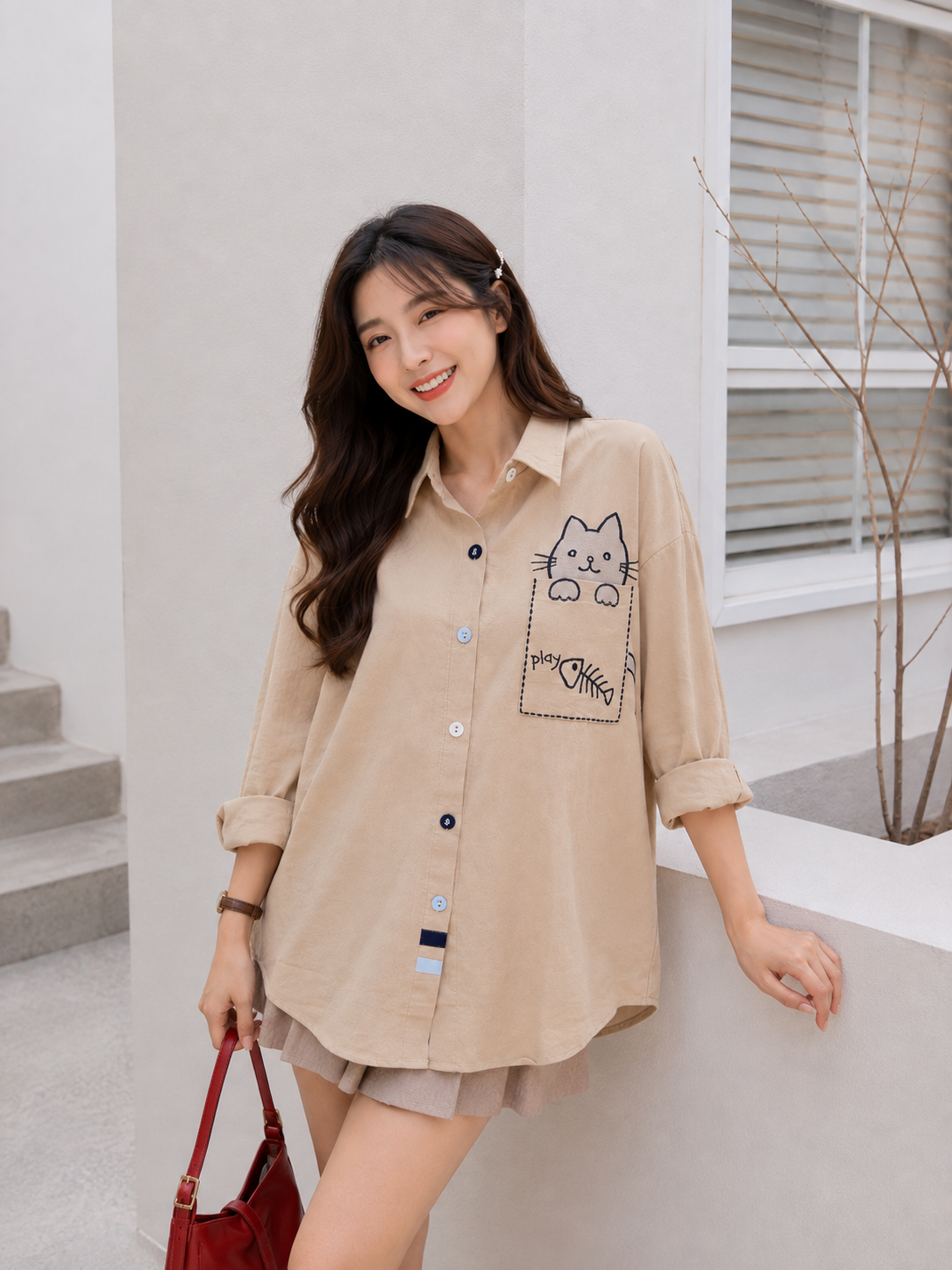 Cat Pocket Cotton Longsleeve - Oat