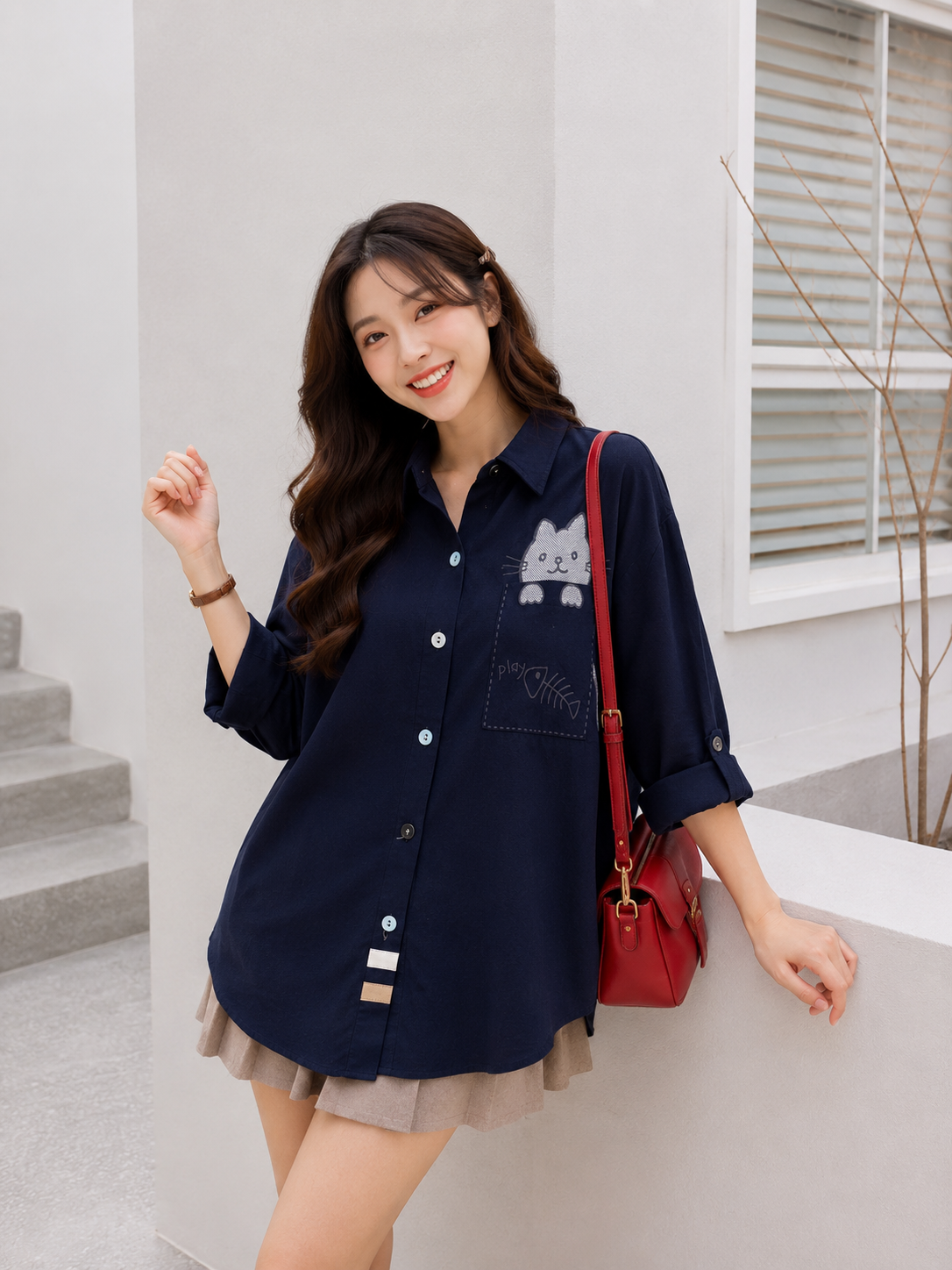 Cat Pocket Cotton Longsleeve - Navy