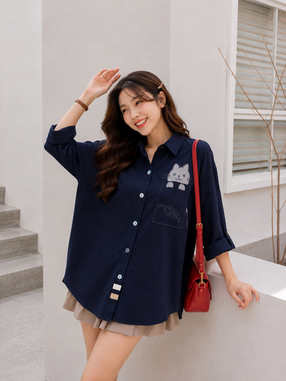 Cat Pocket Cotton Longsleeve - Navy
