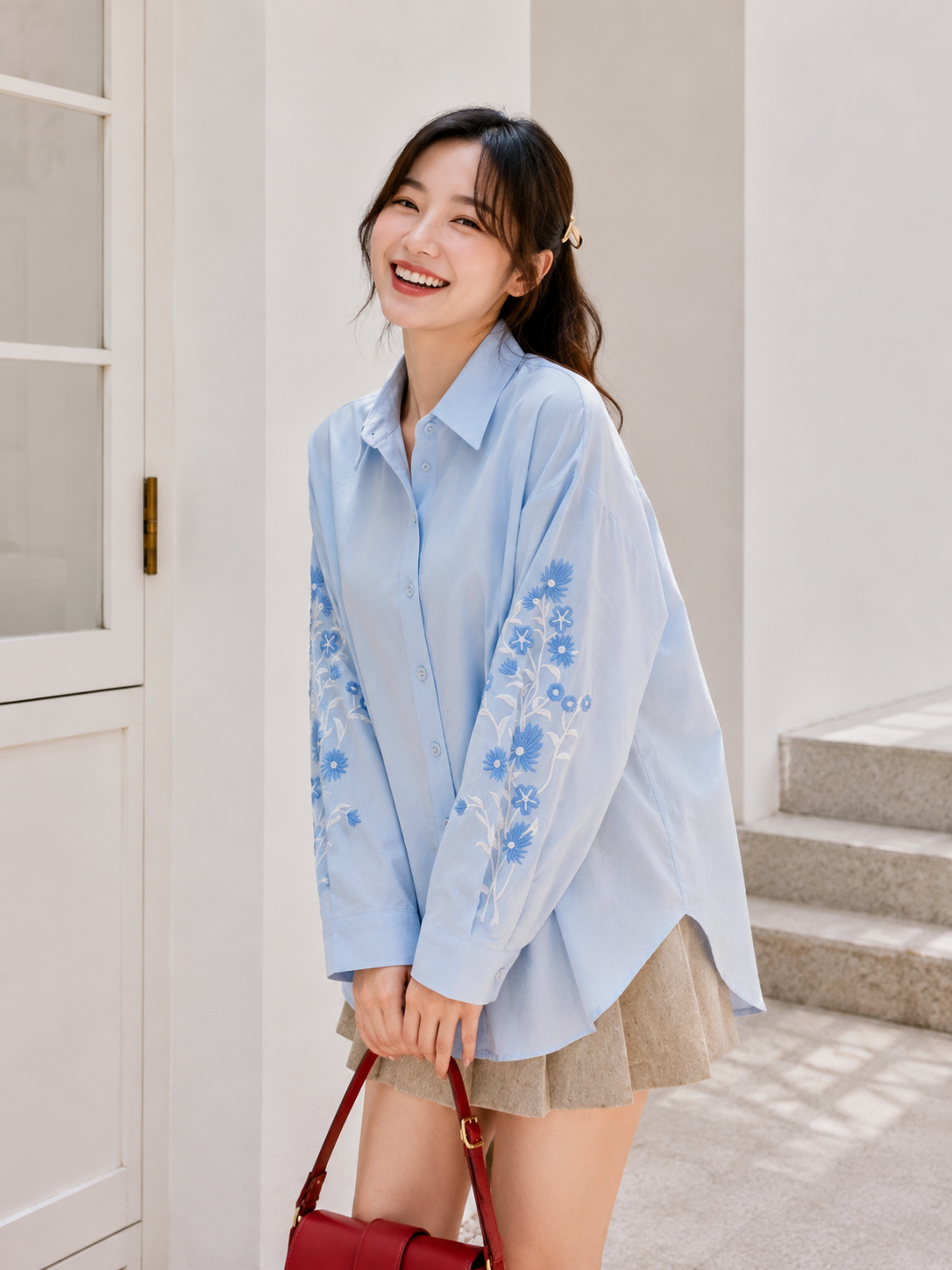 Side Flower Cotton Longsleeve - Blue