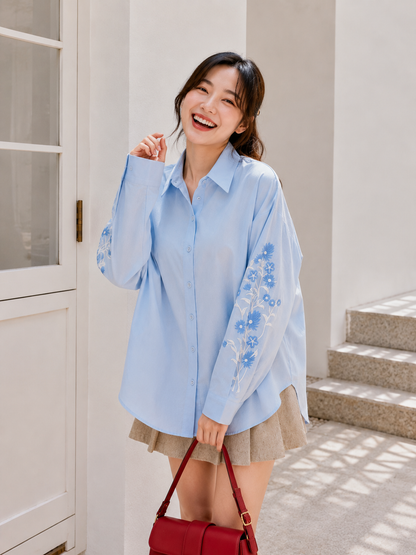 Side Flower Cotton Longsleeve - Blue