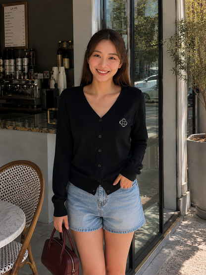 Mela Vneck Button Knit Cardigan - Black